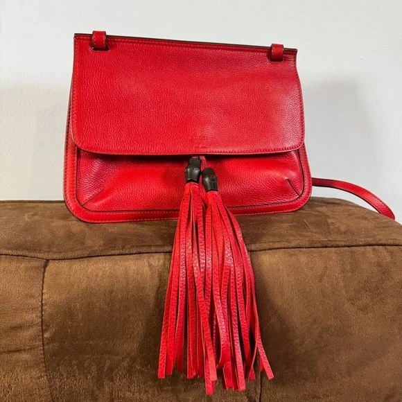 Gucci Women's Bamboo Daily Red Leather Flap Shoulder Bag - Picture 5 of 16
